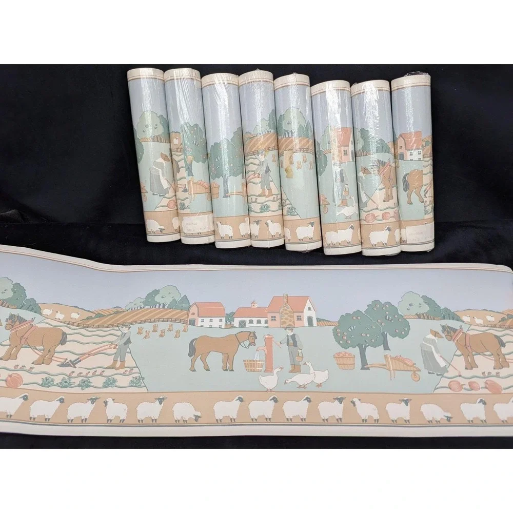 NOS Vtg Wallpaper Trim Harvest Farm Plow Sheep Ducks Village Life Colonial 15YD